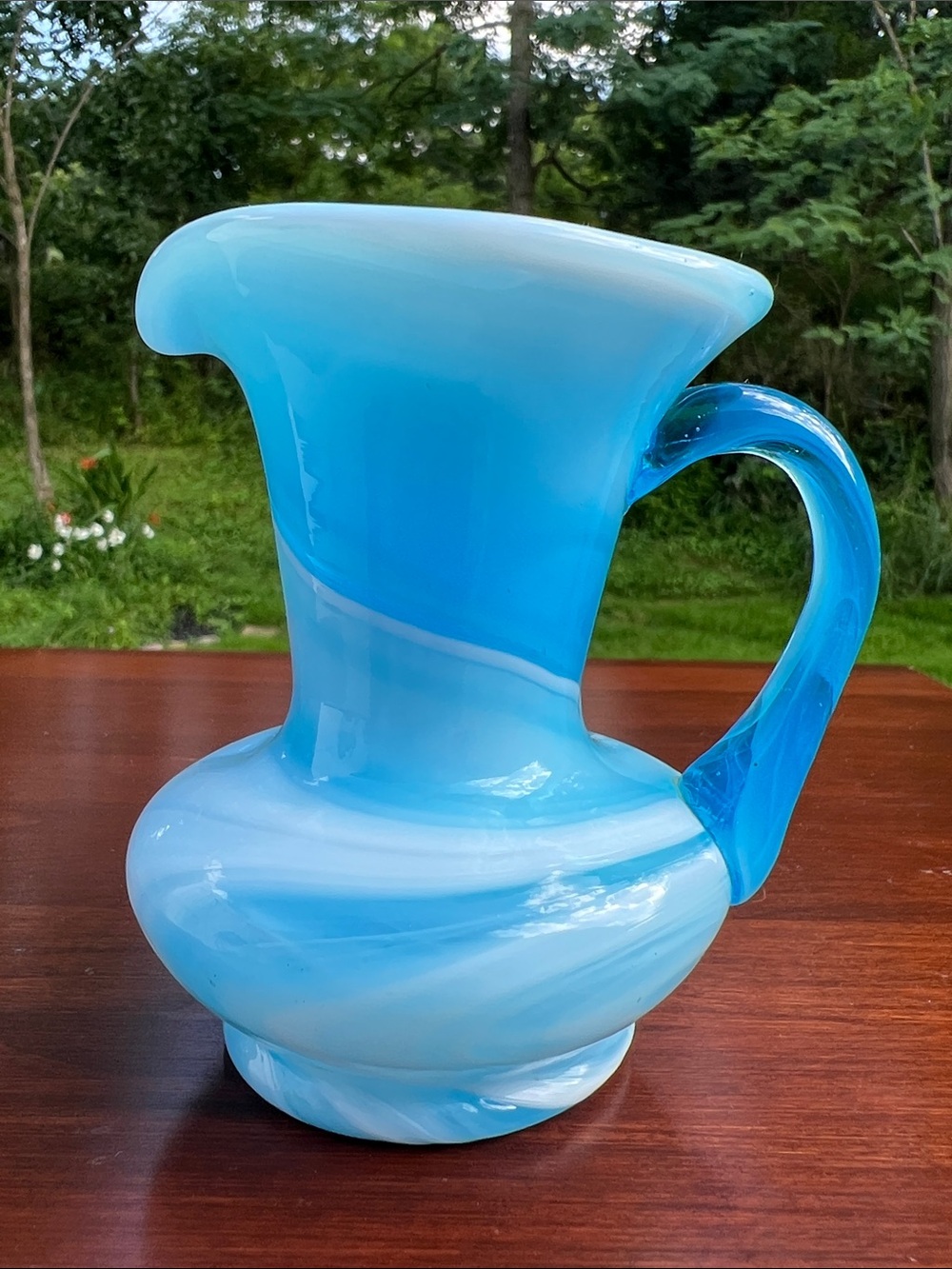 Vintage Rainbow Glass Blue Slag Glass Milk Pitcher Brush Cup Hand Blown in USA